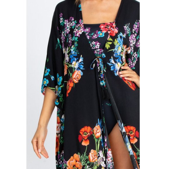 Jonny Was FLOWER ARCH MIDI KIMONO Floral Black Swim Dress New - Picture 5 of 5